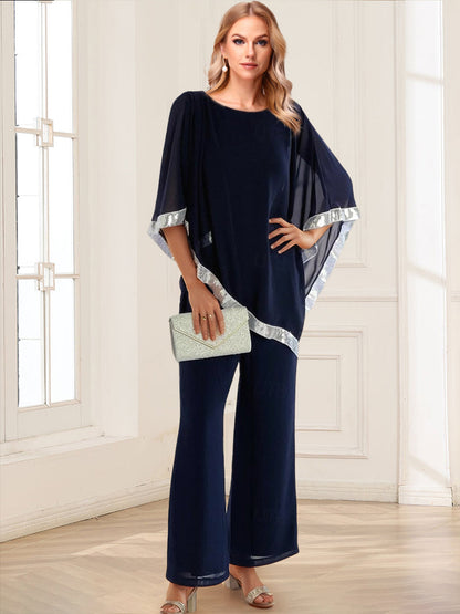 Chiffon Crew Neck Half Sleeves Long 2 Pieces Pantsuits