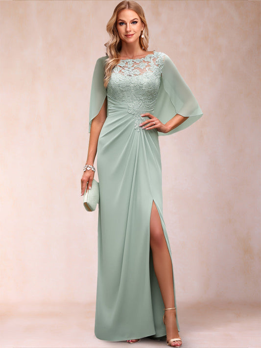 Lace Sheath/Column Crew Neck Cape Sleeves Ruched Mother of the Bride Dresses With Appliques