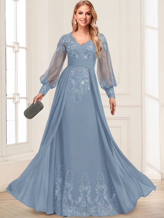 Sheath/Column V-Neck Long Sleeves Floor-Length Mother of the Bride Dresses With Sequins & Overskirt