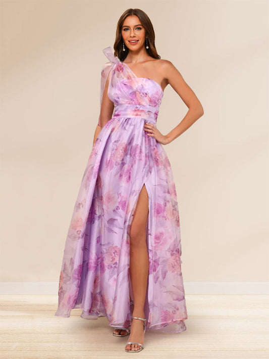 A-Line/Princess One-Shoulder Floor-Length Formal Dresses With Floral