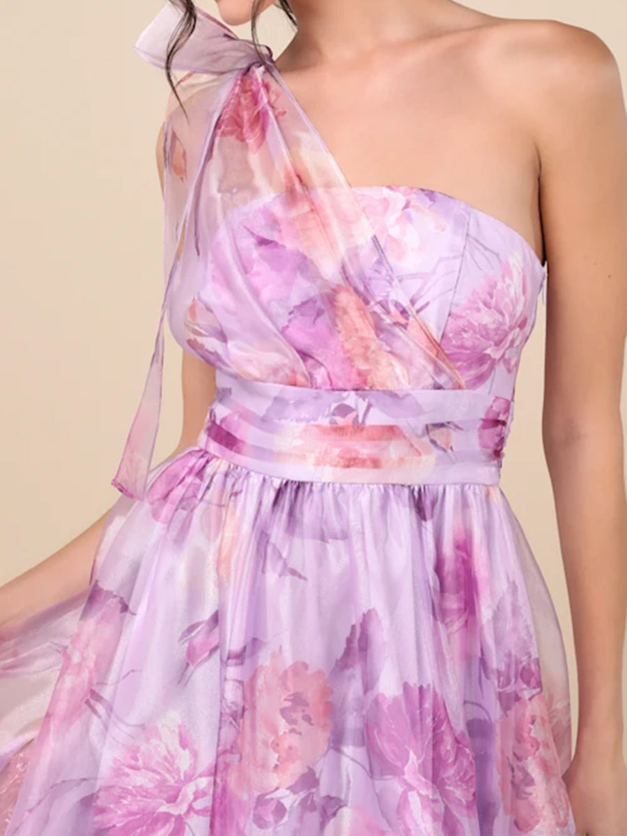 A-Line/Princess One-Shoulder Floor-Length Formal Dresses With Floral