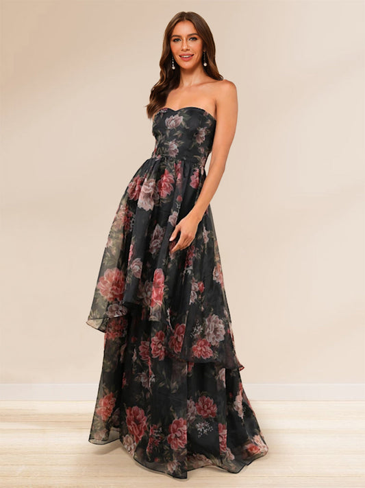 A-Line/Princess Strapless Floor-Length Formal Dresses With Floral