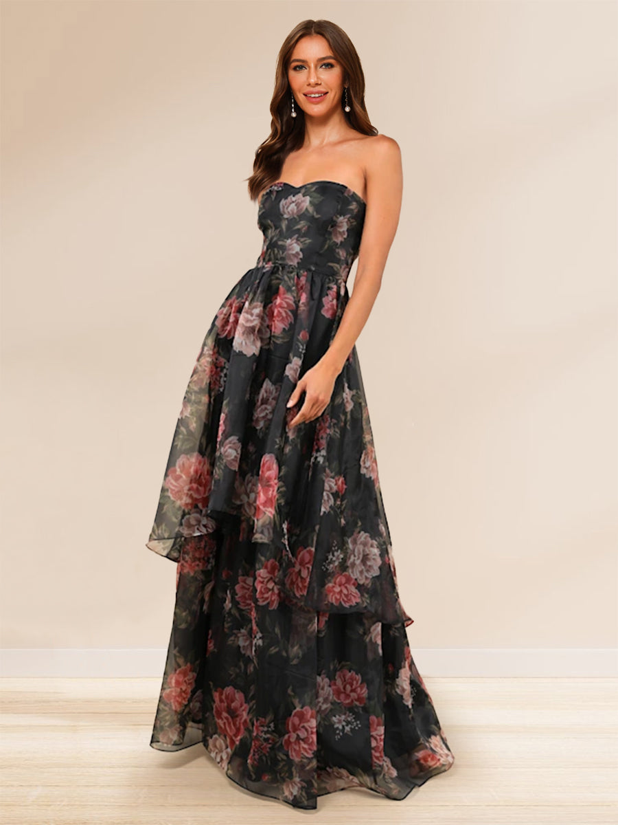 A-Line/Princess Strapless Floor-Length Formal Dresses With Floral