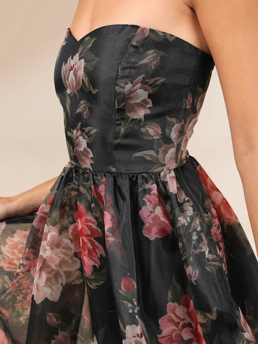 A-Line/Princess Strapless Floor-Length Formal Dresses With Floral