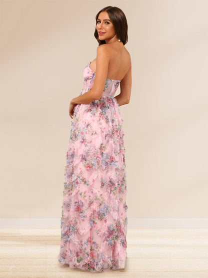 Sheath/Column Strapless Floor-Length Formal Dresses With Floral & Ruffled