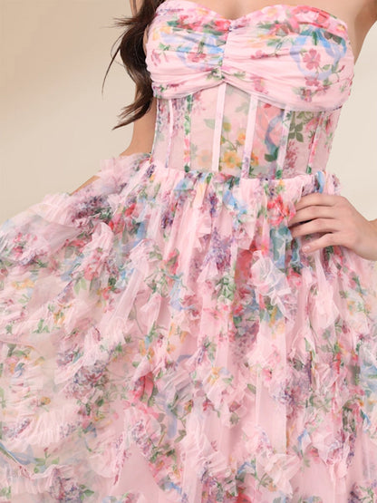 Sheath/Column Strapless Floor-Length Formal Dresses With Floral & Ruffled
