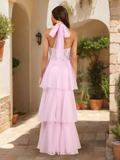 A-Line/Princess Halter Tiered Floor-Length Formal Dresses With Ruffles & Sequins