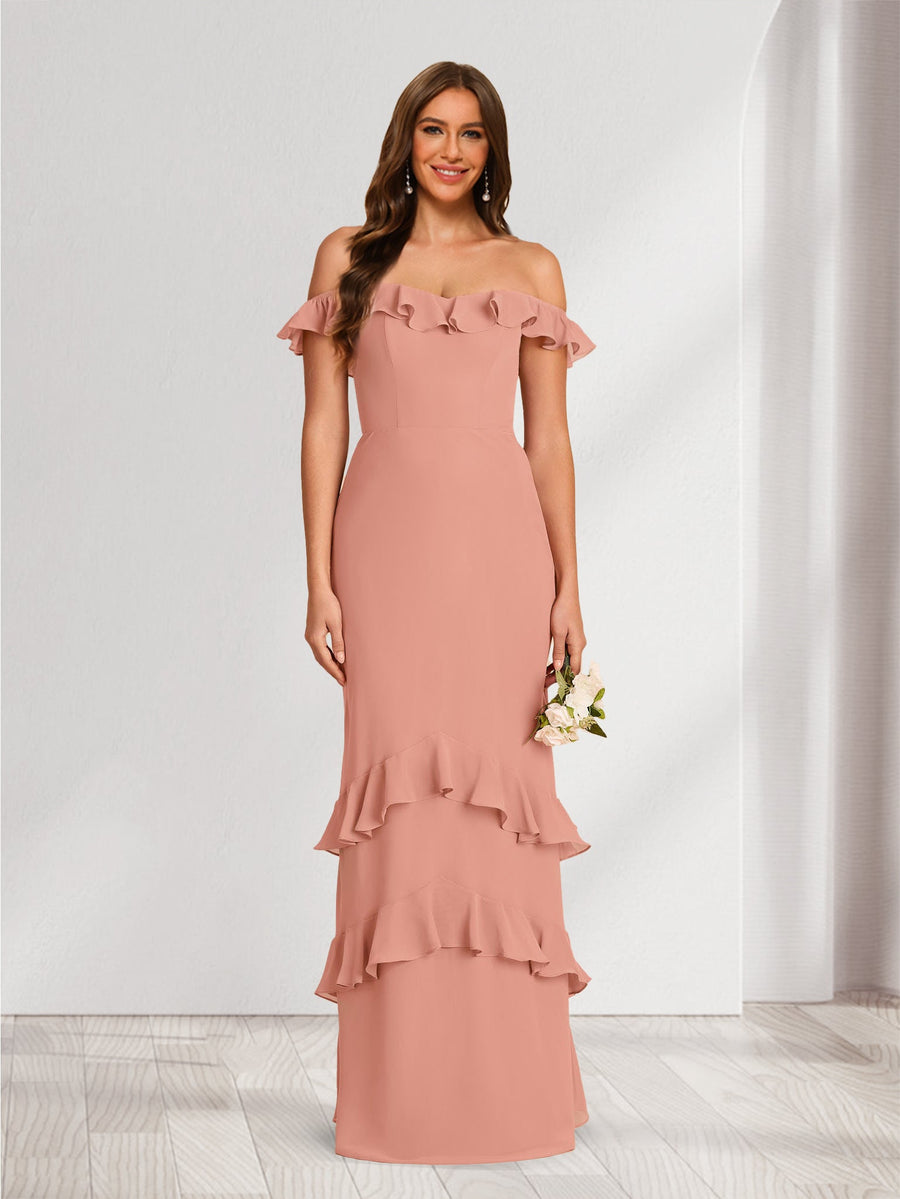 Sheath/Column Off-the-Shoulder Floor-Length Bridesmaid Dresses With Ruffles