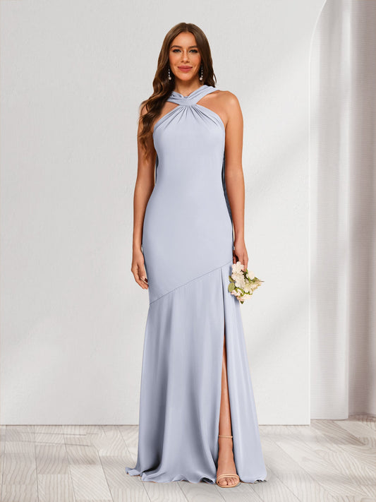 Sheath/Column Halter Ruched Bridesmaid Dresses with Split Side