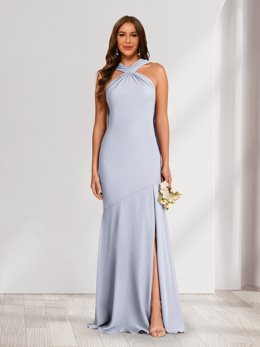 Sheath/Column Halter Ruched Bridesmaid Dresses with Split Side