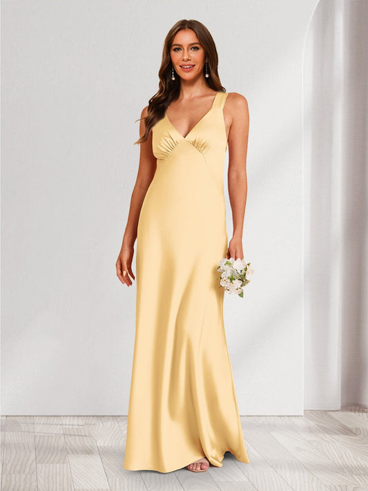 A-Line/Princess V-Neck Sleeveless Floor-Length Ruched Bridesmaid Dresses