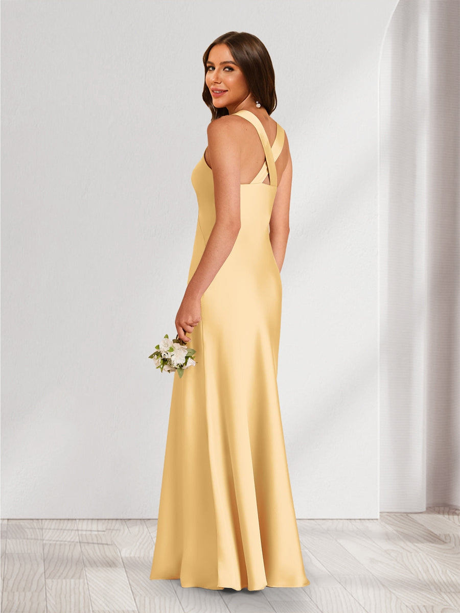 A-Line/Princess V-Neck Sleeveless Floor-Length Ruched Bridesmaid Dresses