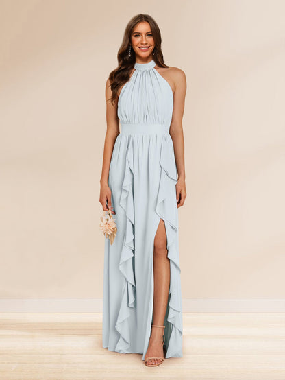 Chiffon A-Line/Princess Halter Bridesmaid Dresses with Split Side & Ruffles