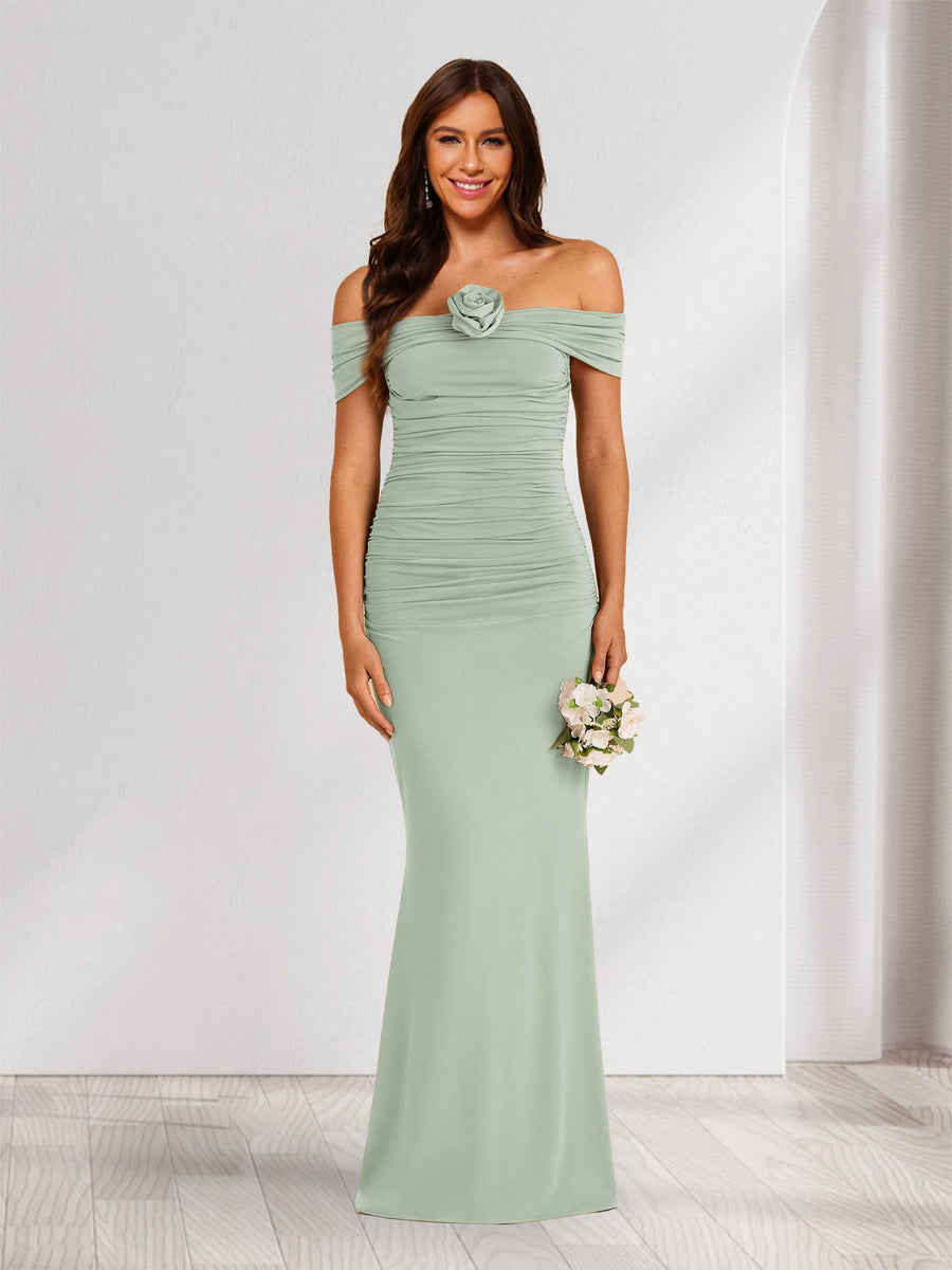 Sheath/Column Off-the-Shoulder Sleeveless Ruched Bridesmaid Dresses with 3D Floral