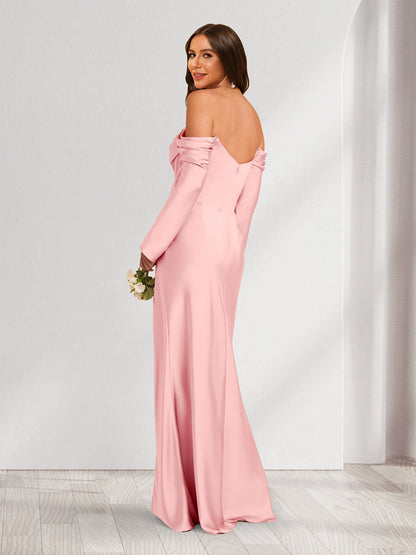 Sheath/Column Off-the-Shoulder Long Sleeves Ruched Bridesmaid Dresses with Split Side