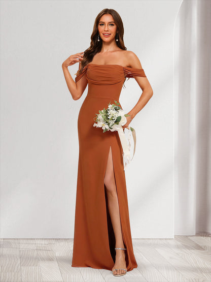 Sheath/Column Cold Shoulder Sleeveless Ruched Bridesmaid Dresses with Split Side