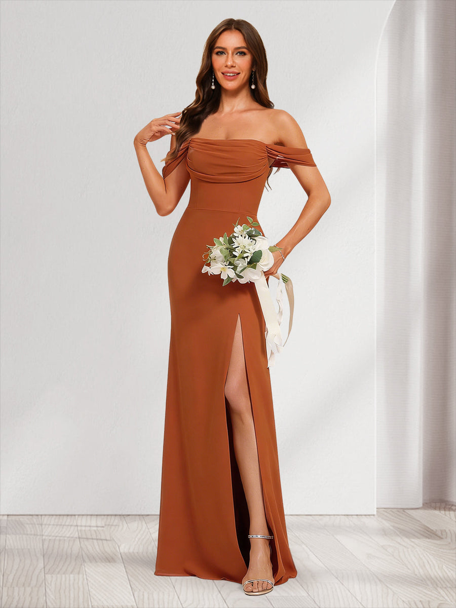 Sheath/Column Cold Shoulder Sleeveless Ruched Bridesmaid Dresses with Split Side
