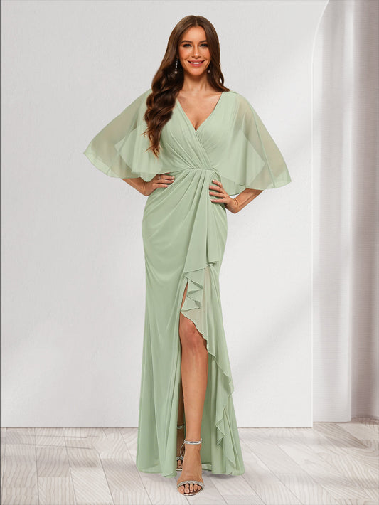 Trumpet/Mermaid V-Neck Half Sleeves Bridesmaid Dresses with Split Side & Ruffles