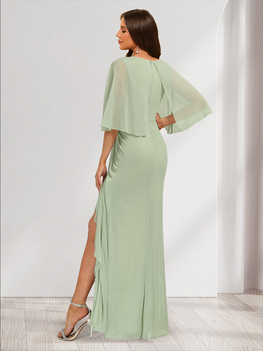 Trumpet/Mermaid V-Neck Half Sleeves Bridesmaid Dresses with Split Side & Ruffles
