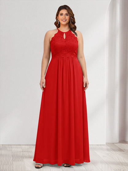 A-Line/Princess Crew Neck Keyhole Plus Size Bridesmaid Dresses with Lace