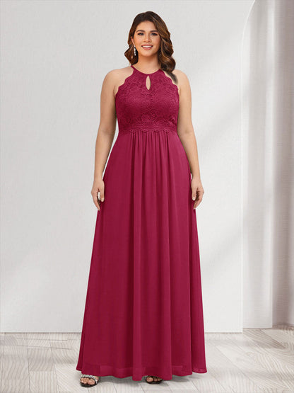 A-Line/Princess Crew Neck Keyhole Plus Size Bridesmaid Dresses with Lace