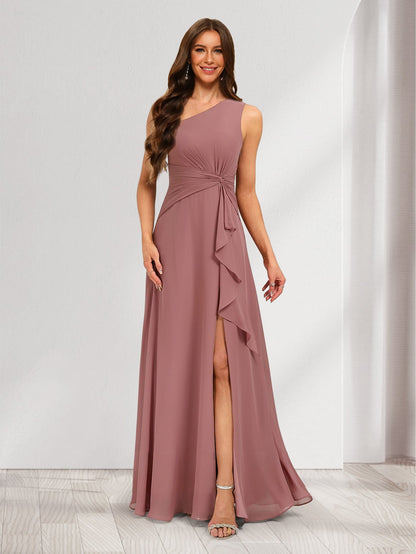 A-Line/Princess One-Shoulder Floor-Length Bridesmaid Dresses With Ruffles & Split Side