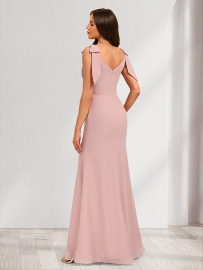 A-Line/Princess V-Neck Floor-Length Bridesmaid Dresses with Bow & Split Side