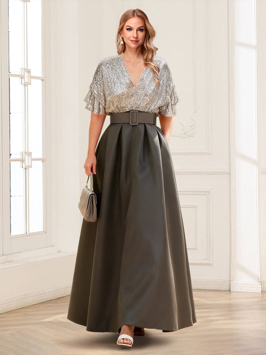 Sequined A-Line V-Neck Half Sleeves Mother of the Bride Dresses with Belt