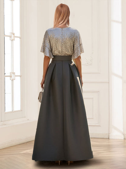 Sequined A-Line V-Neck Half Sleeves Mother of the Bride Dresses with Belt