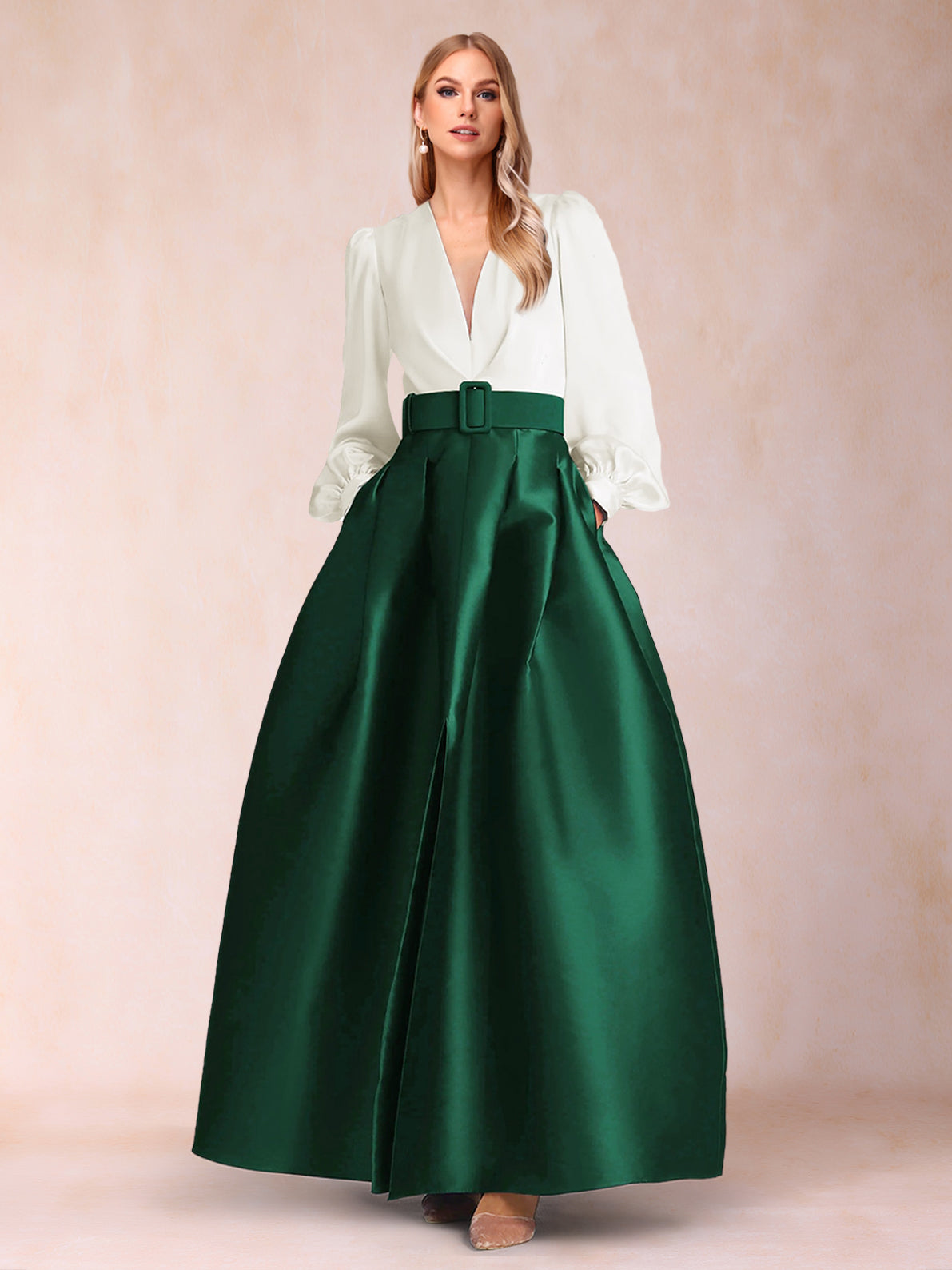 Satin A-Line/Princess V-Neck Floor-Length Long Sleeves Mother of the Bride Dresses With Belt