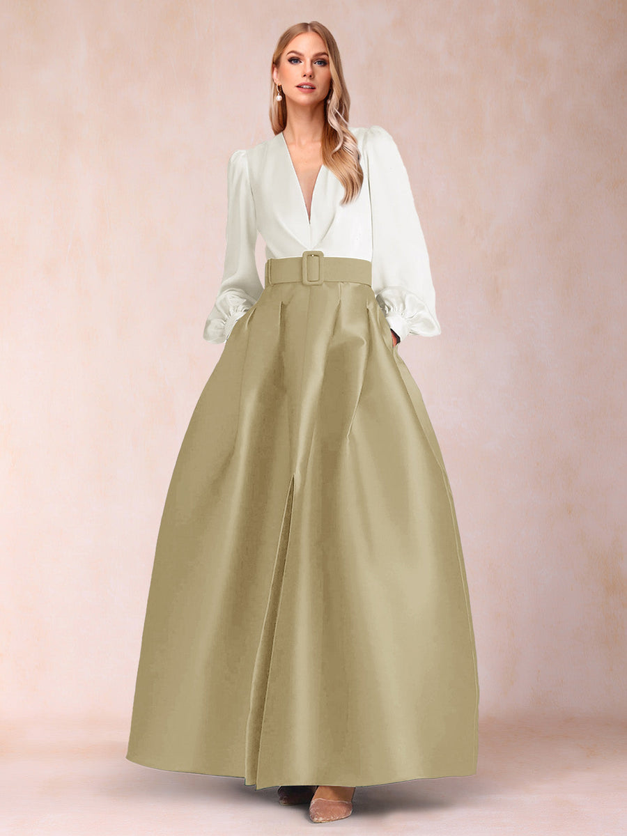 Satin A-Line/Princess V-Neck Floor-Length Long Sleeves Mother of the Bride Dresses With Belt