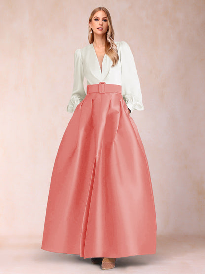 Satin A-Line/Princess V-Neck Floor-Length Long Sleeves Mother of the Bride Dresses With Belt