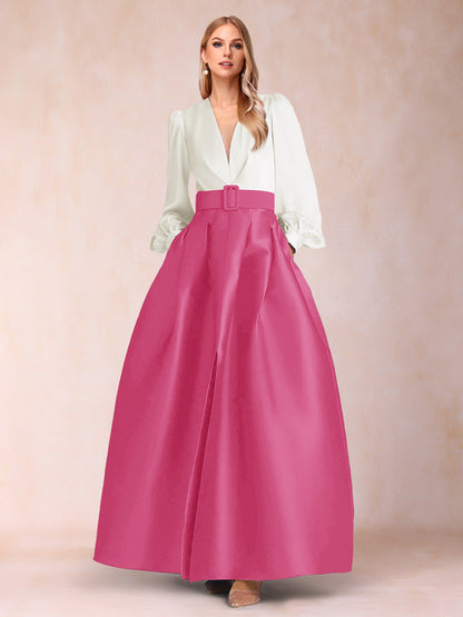 Satin A-Line/Princess V-Neck Floor-Length Long Sleeves Mother of the Bride Dresses With Belt