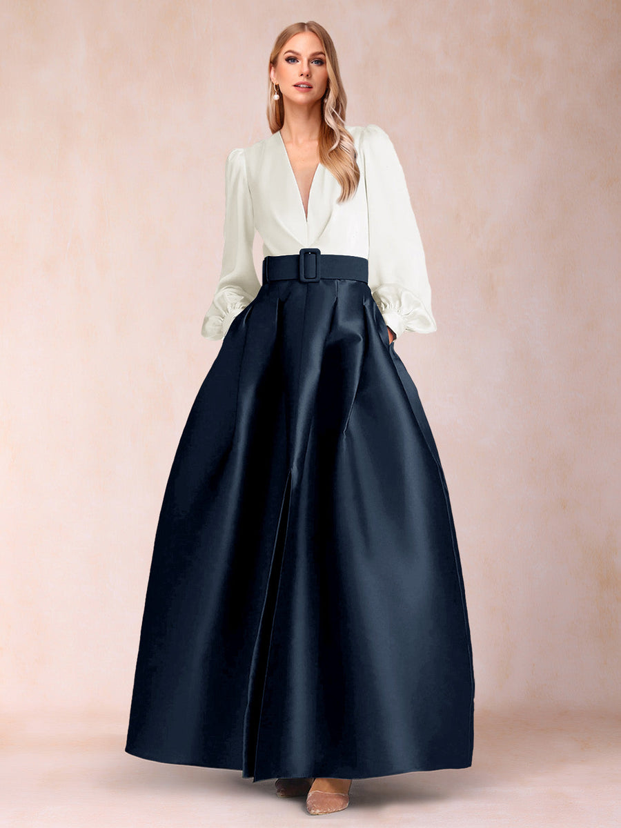 Satin A-Line/Princess V-Neck Floor-Length Long Sleeves Mother of the Bride Dresses With Belt