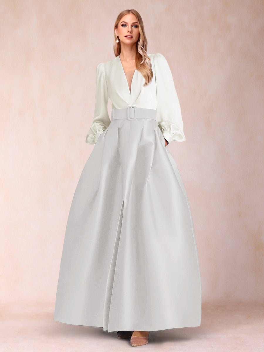 Satin A-Line/Princess V-Neck Floor-Length Long Sleeves Mother of the Bride Dresses With Belt