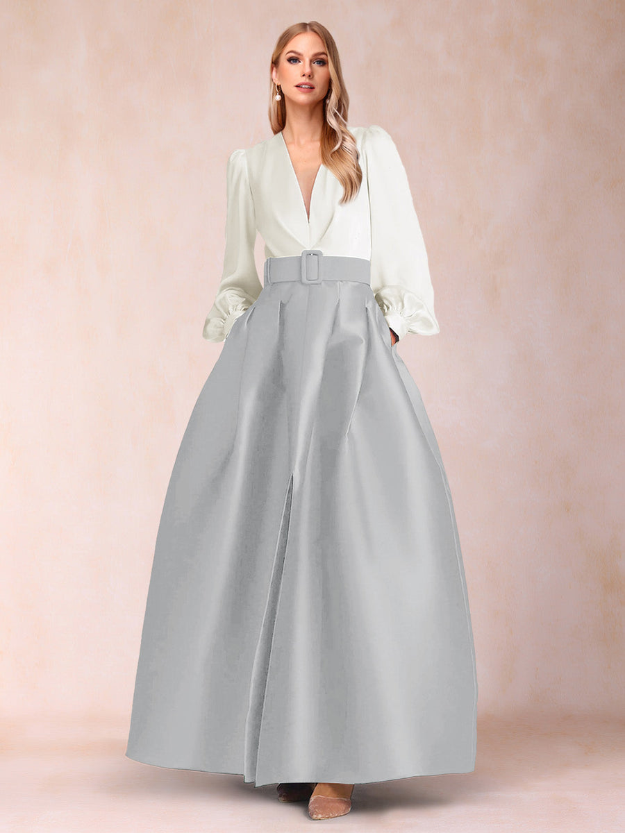 Satin A-Line/Princess V-Neck Floor-Length Long Sleeves Mother of the Bride Dresses With Belt