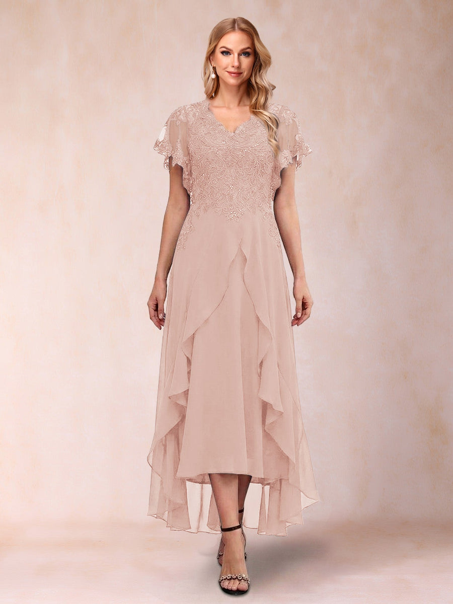 A-Line/Princess V-Neck Short Sleeves Asymmetrical Tea-Length Mother of the Bride Dresses with Appliques & Ruffles