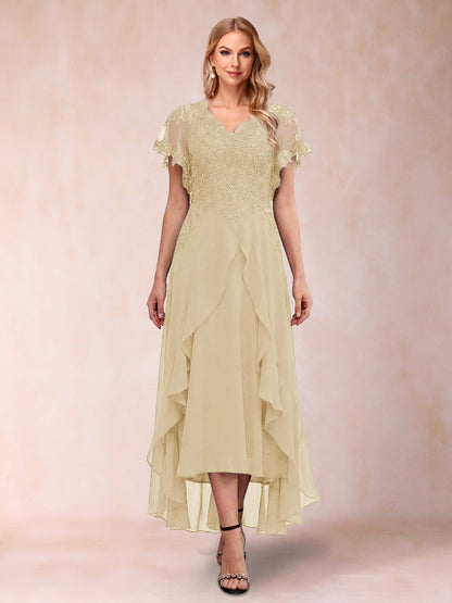 A-Line/Princess V-Neck Short Sleeves Asymmetrical Tea-Length Mother of the Bride Dresses with Appliques & Ruffles