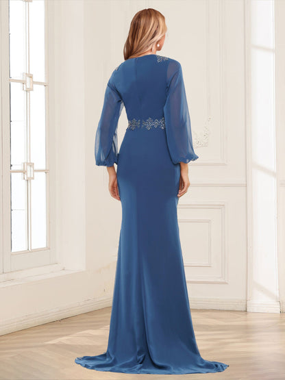 Sheath/Column V-Neck Long Sleeves Mother of the Bride Dresses With Beading