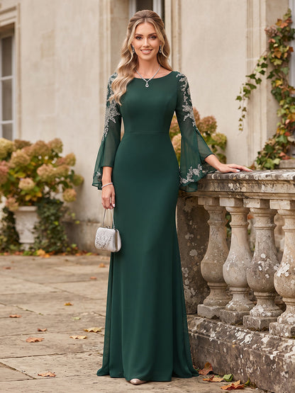 Trumpet/Mermaid Scoop Long Sleeves Chiffon Floor-Length Formal Dresses with Applique