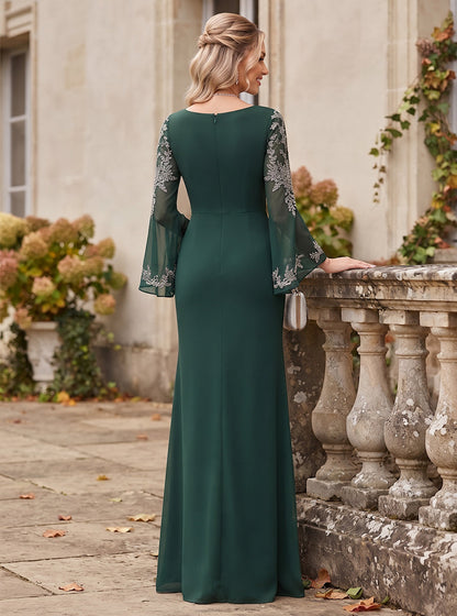 Trumpet/Mermaid Scoop Long Sleeves Chiffon Floor-Length Formal Dresses with Applique