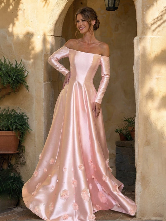 A-Line/Princess Strapless Long Sleeves Prom Dresses with 3D Flowers