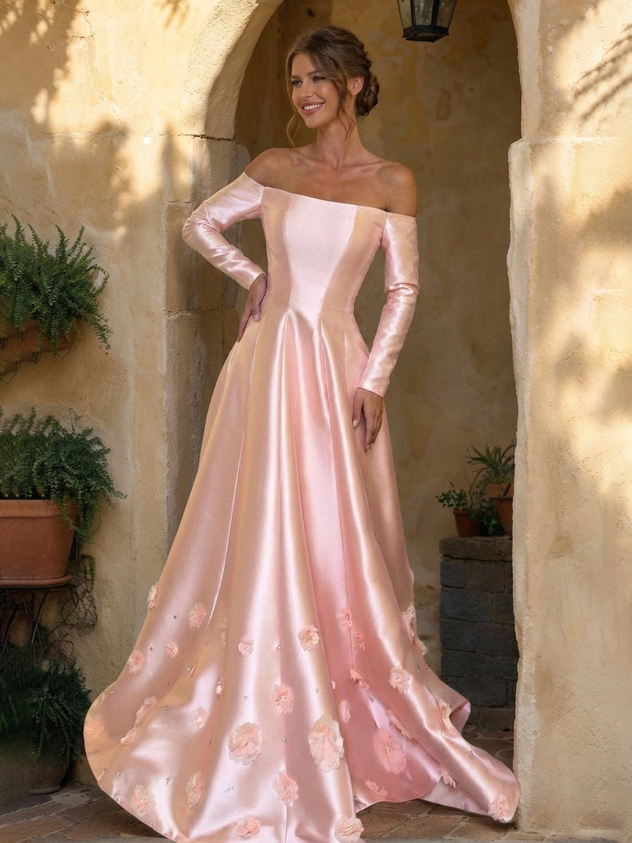 A-Line/Princess Strapless Long Sleeves Prom Dresses with 3D Flowers