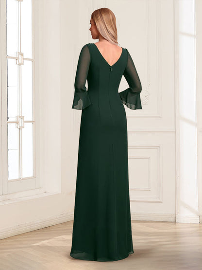A-Line/Princess Scoop 3/4 Sleeves Floor-Length Mother of the Bride Dresses with Beading & Split Side