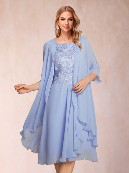 A-Line/Princess Scoop Sleeveless Tea-Length Two Piece Mother of the Bride Dresses with Lace & Appliques