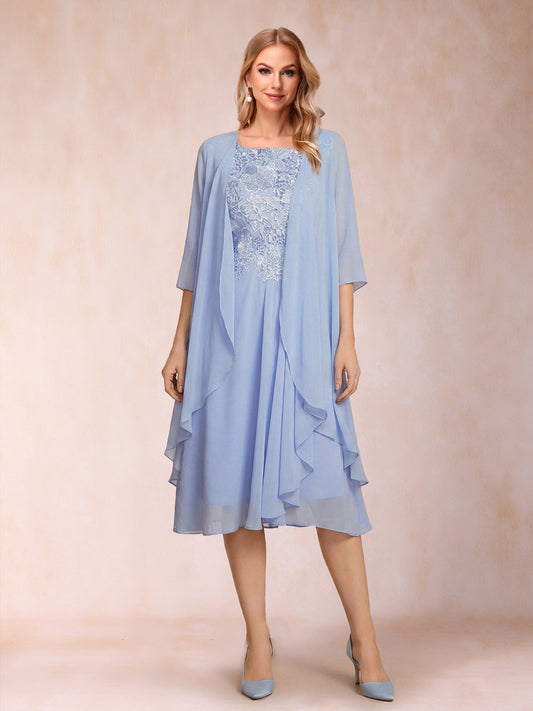 A-Line/Princess Scoop Sleeveless Tea-Length Two Piece Mother of the Bride Dresses with Lace & Appliques
