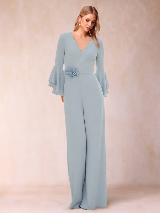 Jumpsuits V-Neck 3/4 Sleeves Floor-Length Mother of the Bride Pantsuit with 3D Flower