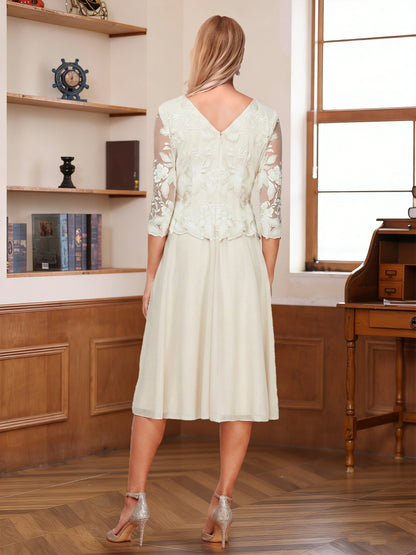 A-Line/Princess Scoop Half Sleeves Tea-Length Mother of the Bride Dresses with Lace&Embroidery