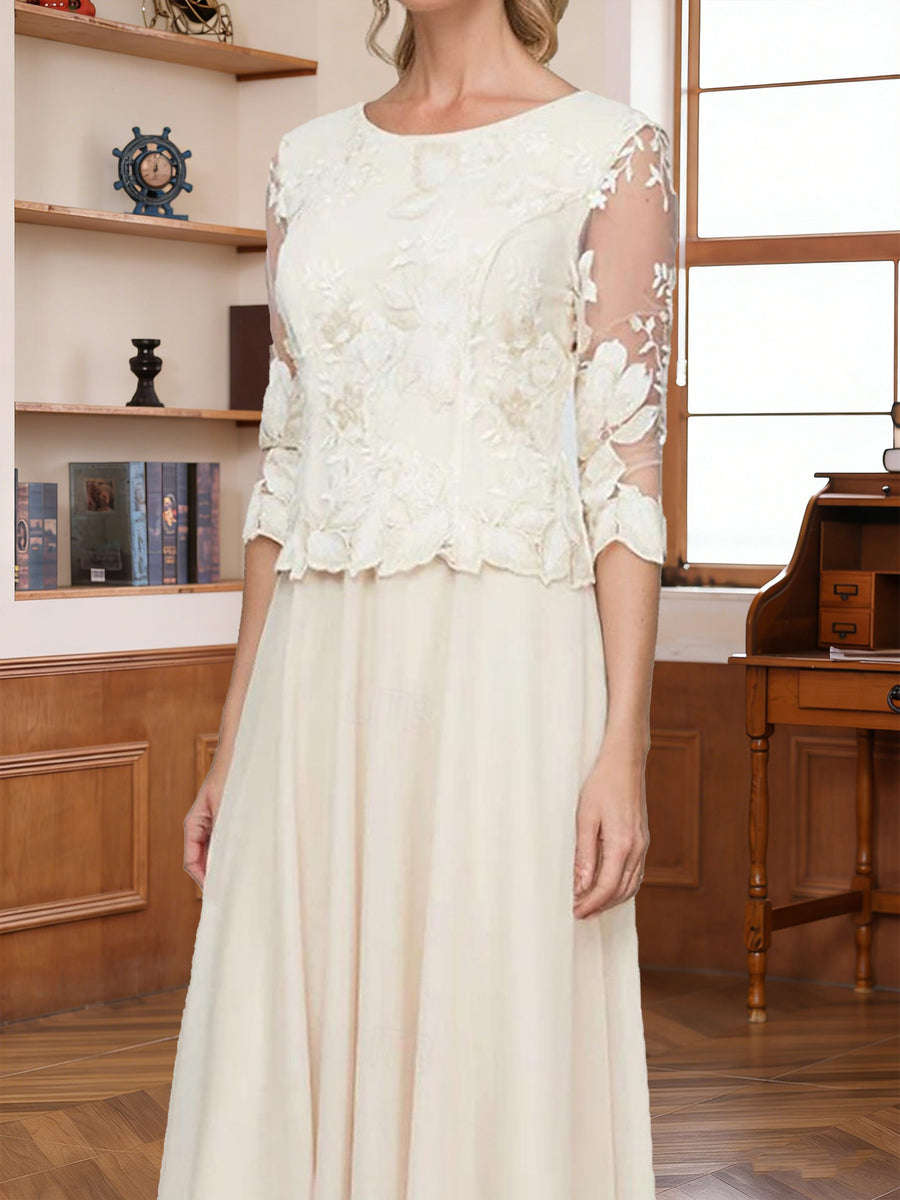 A-Line/Princess Scoop Half Sleeves Tea-Length Mother of the Bride Dresses with Lace&Embroidery