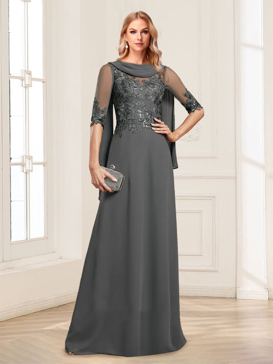 A-Line/Princess Scoop Half Sleeves Floor-Length Mother of the Bride Dresses with Lace&Ruched